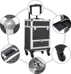 Monkey's Aluminium Kapperskoffer - Zwart - Beauty Case - Cosmeticakoffer - Make-upkoffer - Trolley - 360 Graden Wielen - 34 X 24 X 55.5 Cm -Glam Make-up Verkoop 1155x1200 5