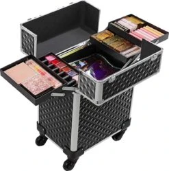 Cosmetische Koffer, Trolley, Make-up Case Met Handvat, 4 Universele Wielen, 4 Uitschuifbare Dienbladen, Make-up Tas, Voor Reizen, Zwart -Glam Make-up Verkoop 1192x1200 20