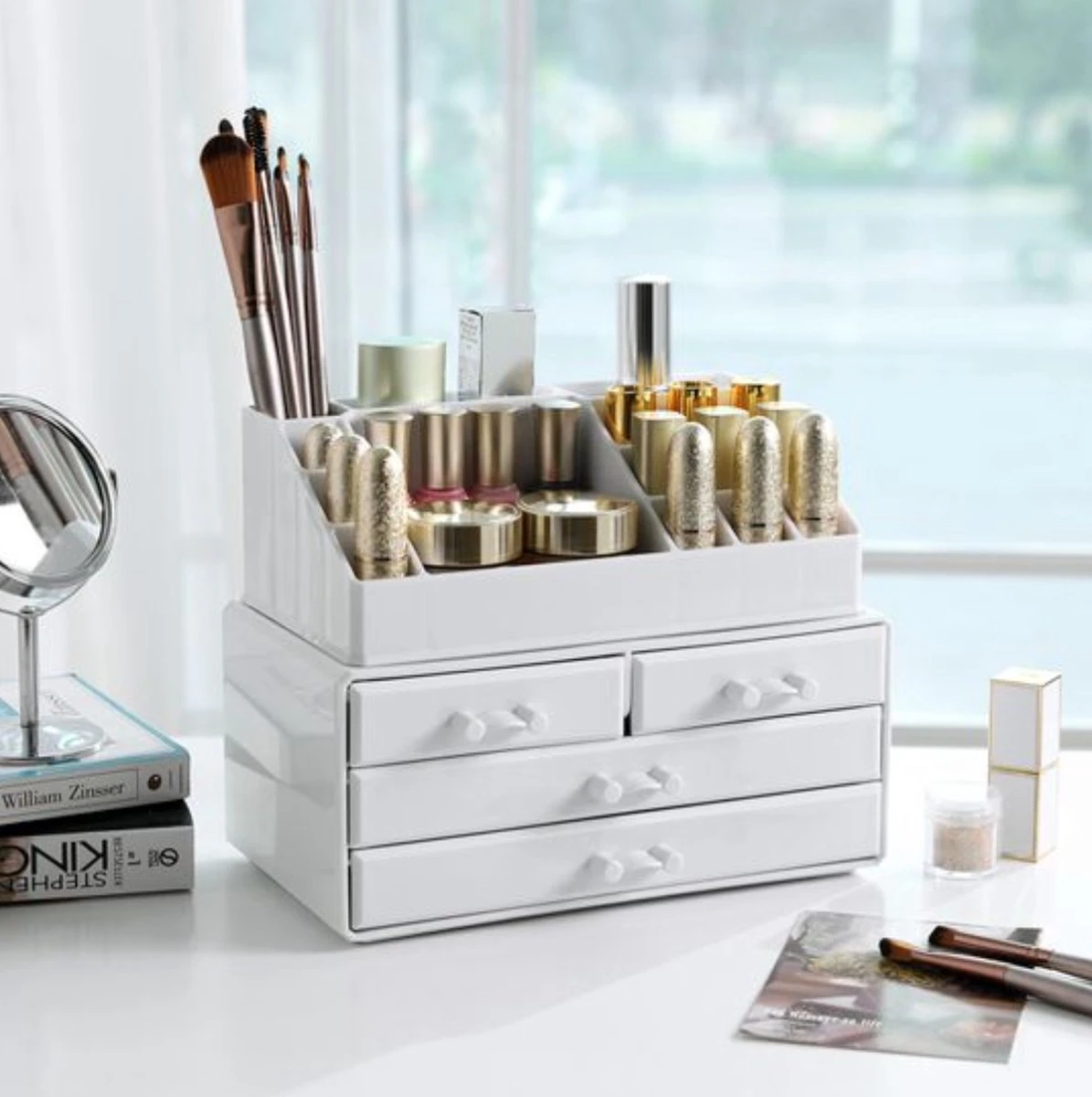 Nancy's Cutler Make-Up Organizer - Make-Up Opslag - 4 Lades - Open Vakken - Wit - Acryl - 24 X 13.5 X 18.5 Cm 3 Nancy's Cutler Make-Up Organizer - Make-Up Opslag - 4 Lades - Open Vakken - Wit - Acryl - 24 X 13.5 X 18.5 Cm - Afbeelding 3