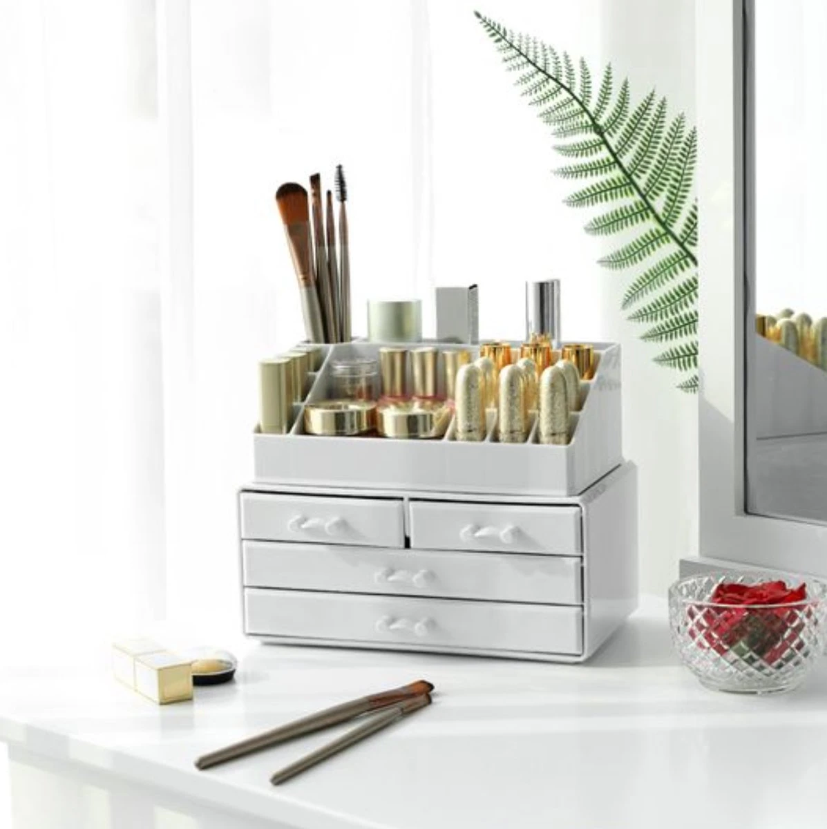 Nancy's Cutler Make-Up Organizer - Make-Up Opslag - 4 Lades - Open Vakken - Wit - Acryl - 24 X 13.5 X 18.5 Cm 2 Nancy's Cutler Make-Up Organizer - Make-Up Opslag - 4 Lades - Open Vakken - Wit - Acryl - 24 X 13.5 X 18.5 Cm - Afbeelding 2