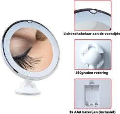 Vergroot Make Up En Scheer Spiegel Met LED Verlichting - 10x Vegroting En Natuurlijk Licht Voor Cosmetica/Scheren/Epileren - 360° Graden Verstelbare Zuignap En Wandbevestiging - Badkamer/Douche/Slaapkamer - Rond – Wit -Glam Make-up Verkoop 1200x1142 11