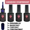 #DENIMBLUESERIE - Influence Gellac - Blauwe Gellak - Gellak Blauw UV - UV Gellak - Gel Nagellak - Basecoat - Topcoat - Topcoatmat - No Wipe - Startersset - Kado Vrouw - Valentijns Cadeau - Kado Voor Haar - 4 X 10 Ml