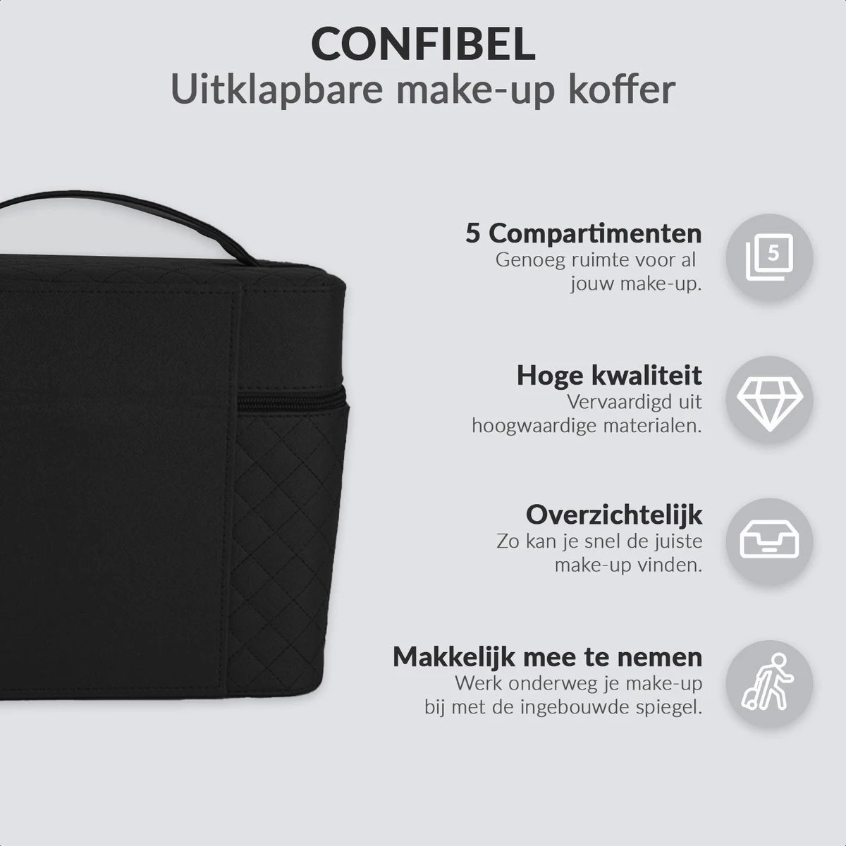 Confibel Make Up Koffer - Uitklapbaar - 5 Opbergbakken - Met Spiegel - Zwart 3 Confibel Make Up Koffer - Uitklapbaar - 5 Opbergbakken - Met Spiegel - Zwart - Afbeelding 3