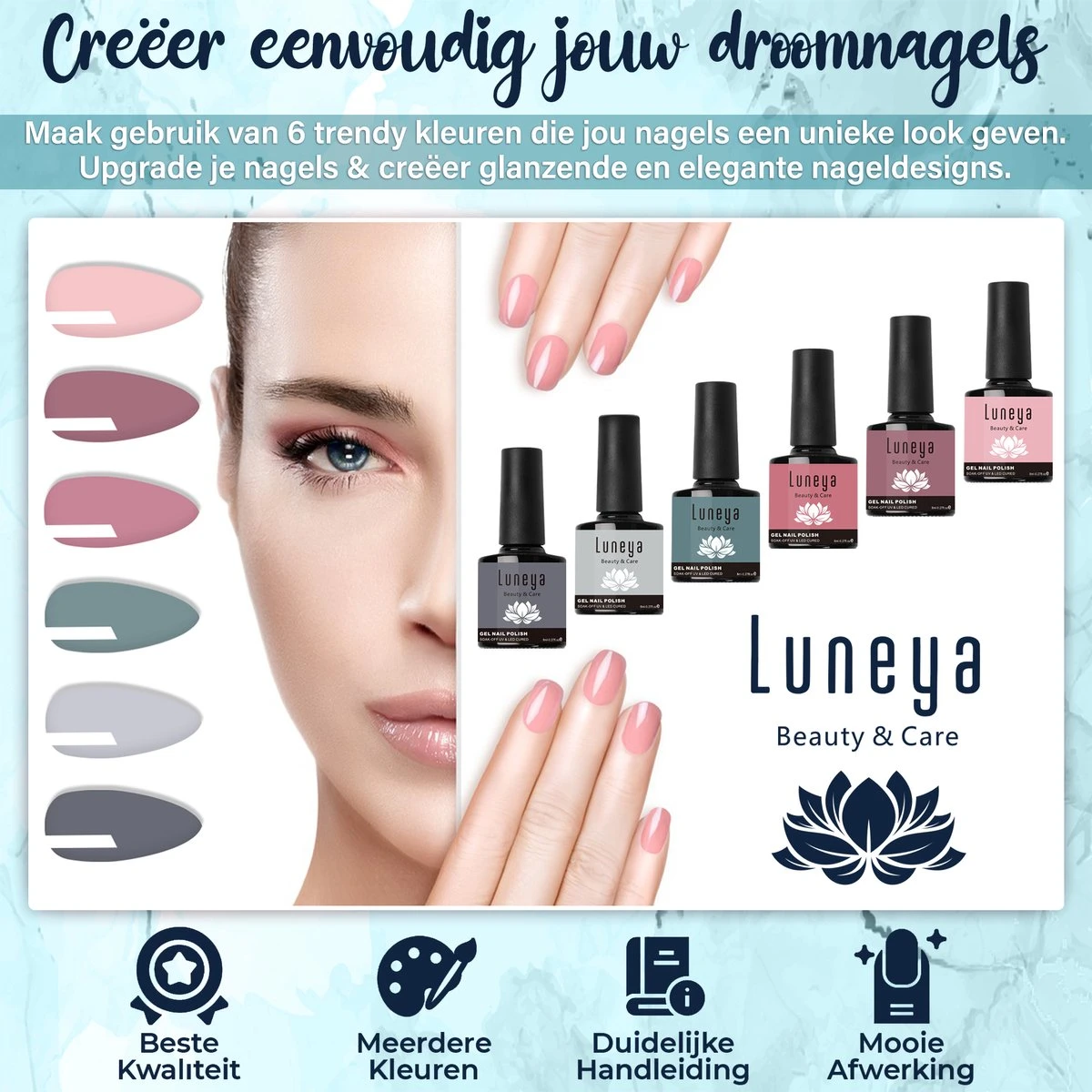 Luneya Gellak - Hidden Blossom Edition - 6-Delige Gellak Starterspakket - Gel Nagellak 2 Luneya Gellak - Hidden Blossom Edition - 6-Delige Gellak Starterspakket - Gel Nagellak - Afbeelding 2