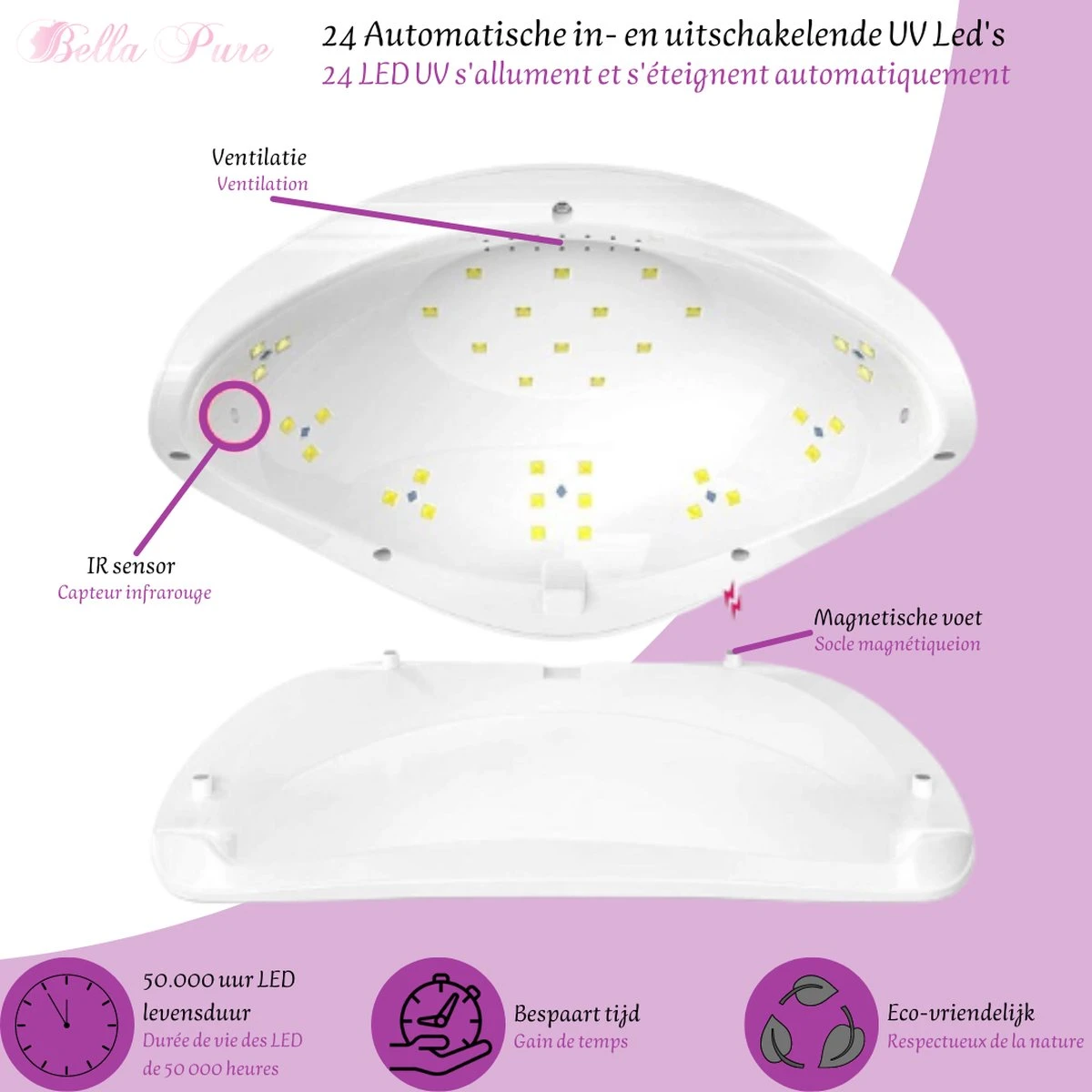 Bella Pure 48W Nageldroger - Vinger- En Teennagels - Bewegingssensor En Timer - 24 LED's 2 Bella Pure 48W Nageldroger - Vinger- En Teennagels - Bewegingssensor En Timer - 24 LED's - Afbeelding 2