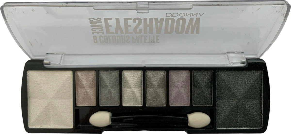 D'Donna - Oogschaduw Palette - Space Gris - Met Lange Applicator - 8 Kleuren: Wit / Grijs / Zilver / Zwart - 1 Doosje Met 10 Gram Inhoud 1 D'Donna - Oogschaduw Palette - Space Gris - Met Lange Applicator - 8 Kleuren: Wit / Grijs / Zilver / Zwart - 1 Doosje Met 10 Gram Inhoud