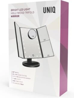 UNIQ Trifold Make Up Spiegel Met LED Verlichting En 2 Vergrootspiegels - Staande Spiegel - 21 LED-lampjes - Op Batterijen En USB (kabel Incl) - Zwart -Glam Make-up Verkoop 912x1200 3