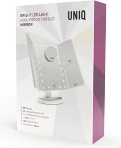UNIQ Trifold Make Up Spiegel Met LED Verlichting En 2 Vergrootspiegels - Staande Spiegel - 21 LED-lampjes - Op Batterijen En USB (kabel Incl) - Wit -Glam Make-up Verkoop 983x1200 3